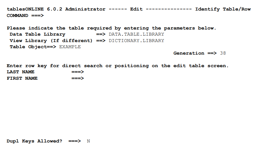 Identify Table/Row Screen