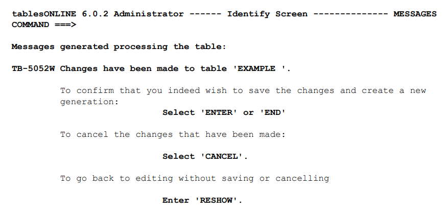 Confirm Save Table Screen