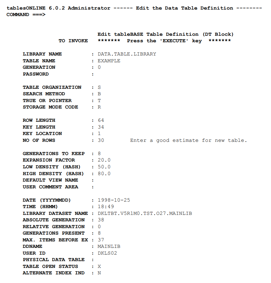 Table Definition Screen