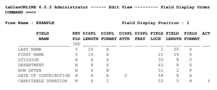 Edit Field Display Order Screen