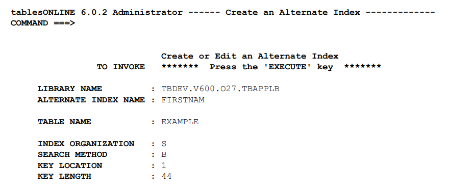 Create Alternate Index Screen