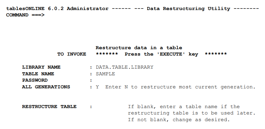 Data Restructuring Utility Screen