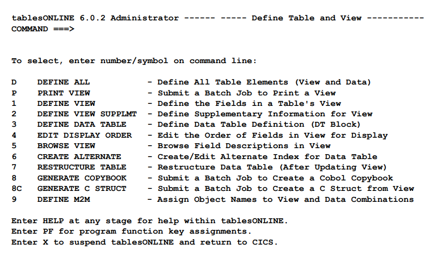 Define Table and View Menu Screen