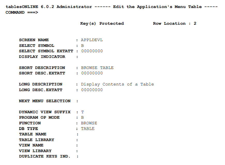 The Application's Menu Table - Edit-Row Screen