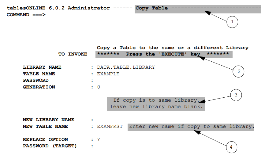 Sample Copy Table Screen