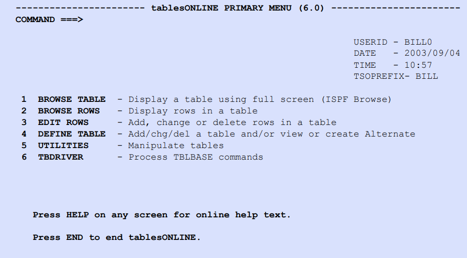 tablesONLINE PRIMARY MENU