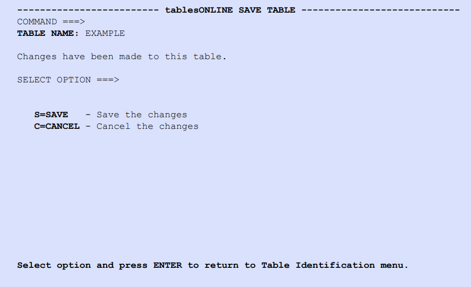 tablesONLINE Save Table Screen