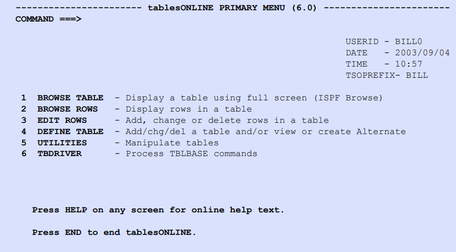 tablesONLINE PRIMARY MENU