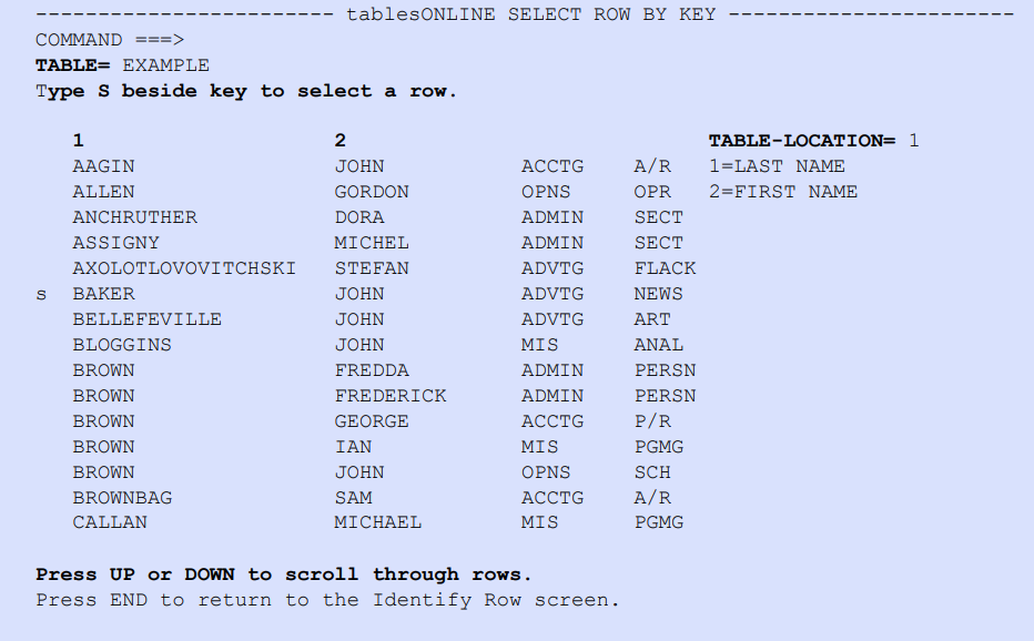 tablesONLINE SELECT ROW BY KEY Screen