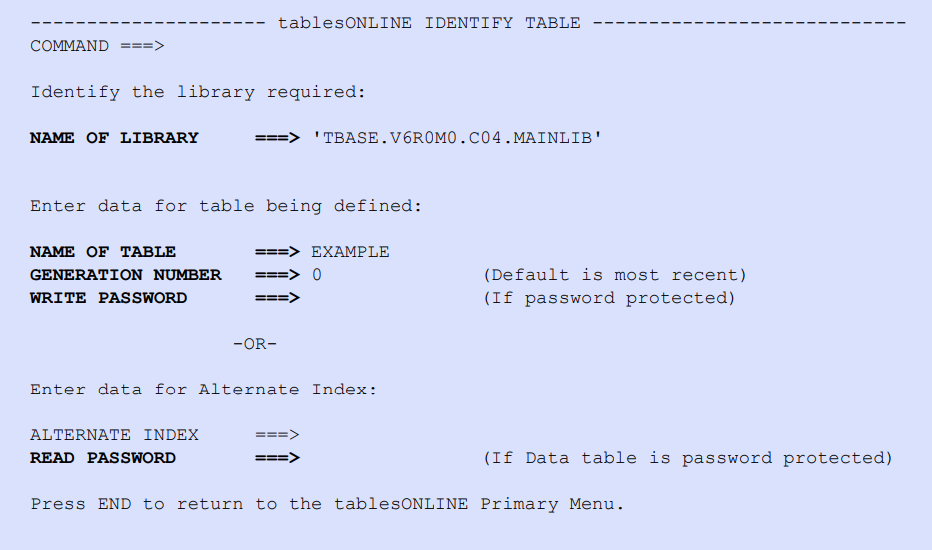 tablesONLINE IDENTIFY TABLE Screen