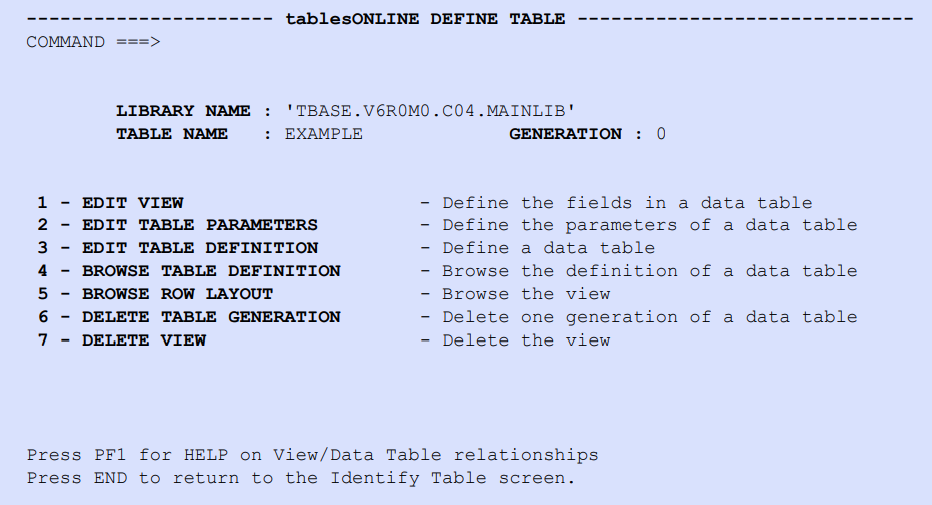 tablesONLINE DEFINE TABLE Screen