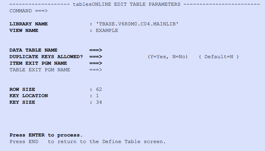 tablesONLINE EDIT TABLE PARAMETERS Screen