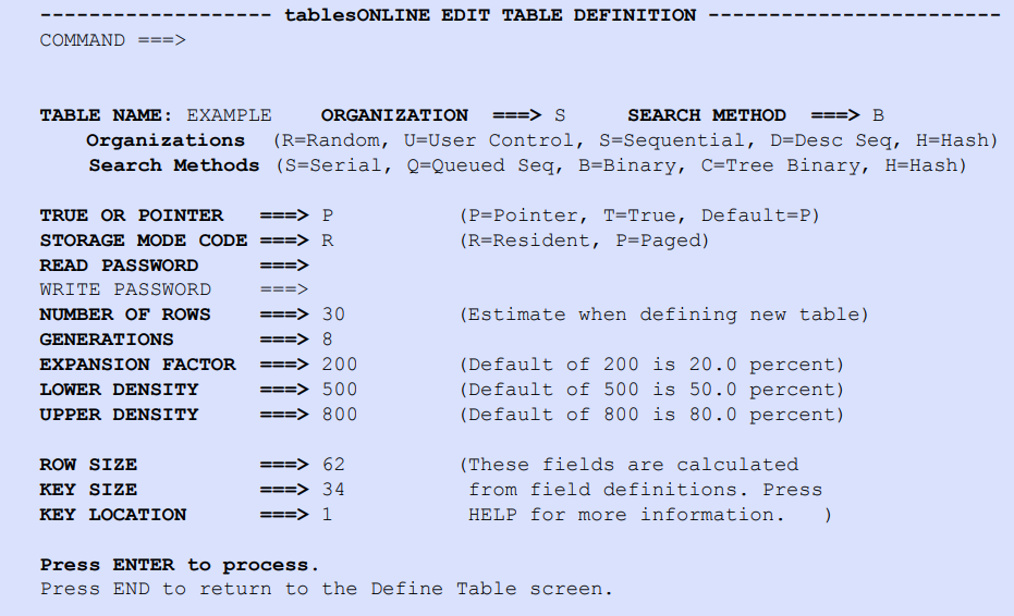 tablesONLINE EDIT TABLE DEFINITION Screen