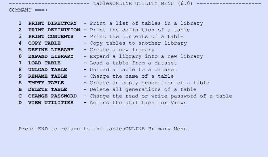 tablesONLINE UTILITY MENU