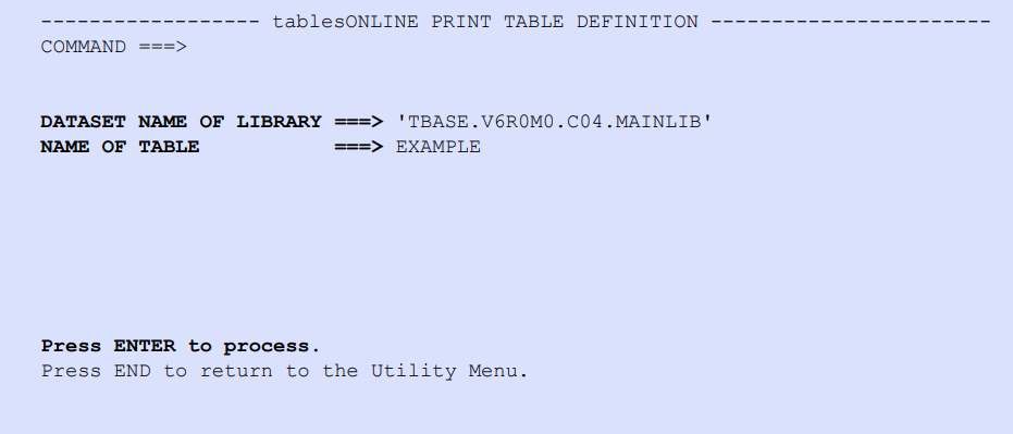 tablesONLINE PRINT TABLE DEFINITION Screen