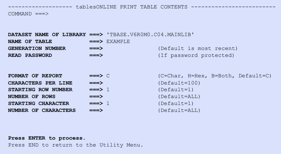 tablesONLINE PRINT TABLE CONTENTS Screen