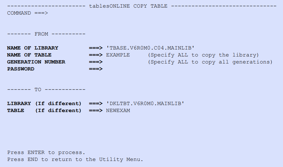tablesONLINE COPY TABLE Screen