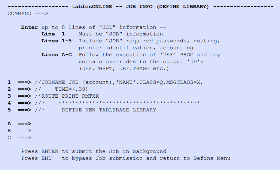 tablesONLINE JOB INFO (DEFINE LIBRARY) Screen