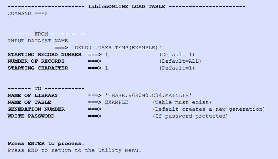 tablesONLINE LOAD TABLE Screen