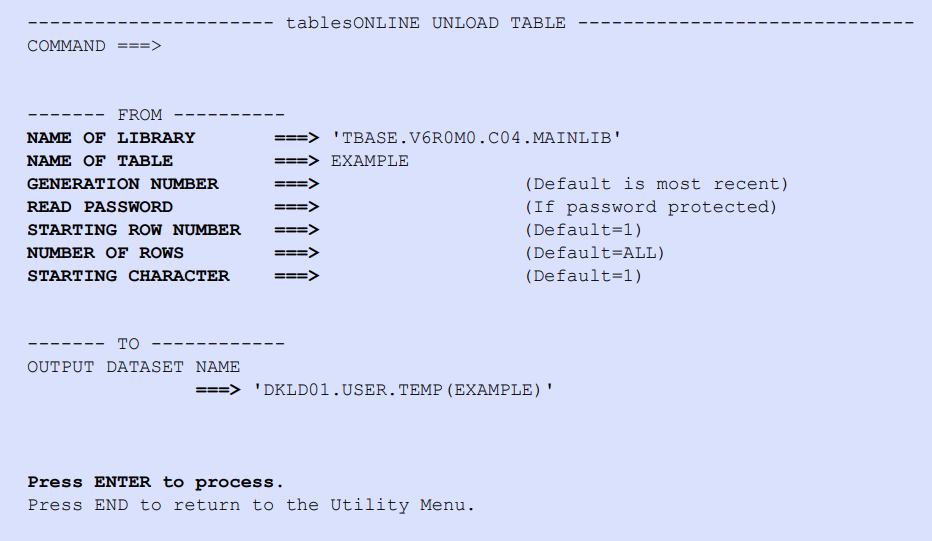 tablesONLINE UNLOAD TABLE Screen