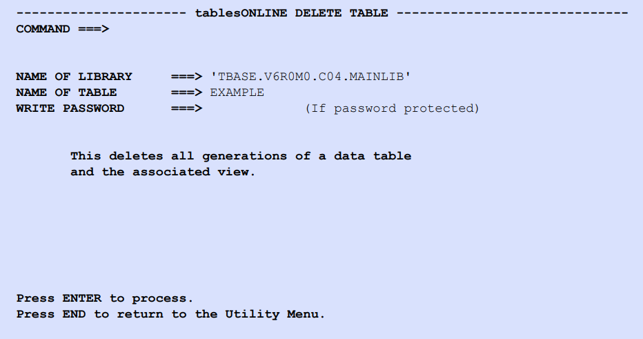 tablesONLINE DELETE TABLE Screen