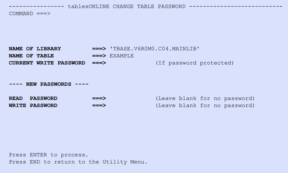 tablesONLINE CHANGE TABLE PASSWORD Screen