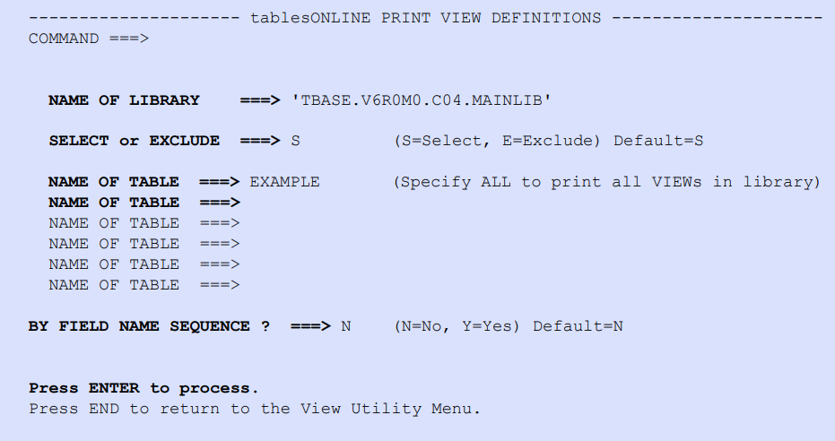tablesONLINE PRINT VIEW DEFINITIONS Screen