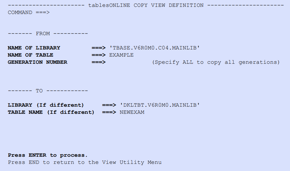 tablesONLINE COPY VIEW DEFINITION Screen