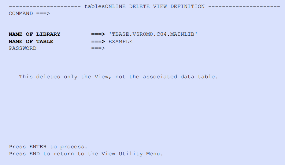 tablesONLINE DELETE VIEW DEFINITION Screen