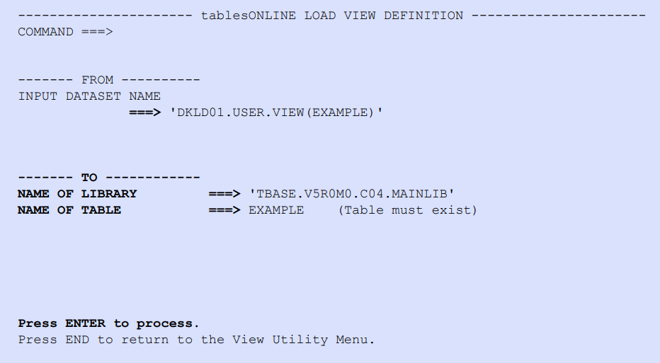 tablesONLINE LOAD VIEW DEFINITION Screen