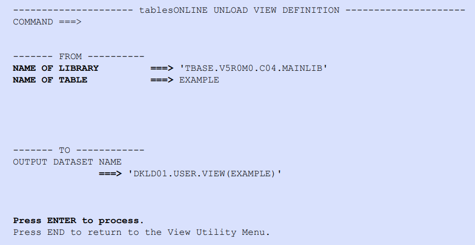 tablesONLINE UNLOAD VIEW DEFINITION Screen