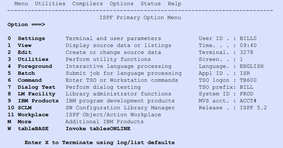 ISPF Primary Option Menu Screen