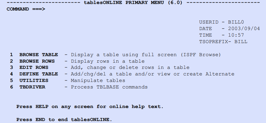 tablesONLINE PRIMARY MENU Screen