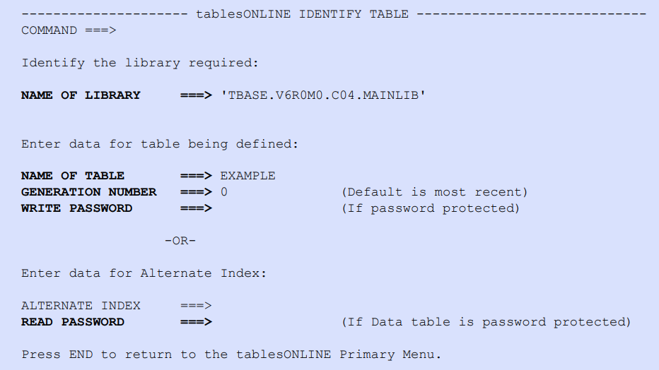 tablesONLINE IDENTIFY TABLE Screen