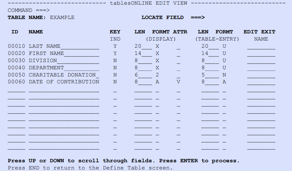 tablesONLINE EDIT VIEW Screen