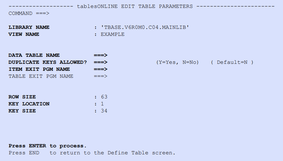 tablesONLINE EDIT TABLE PARAMETERS Screen