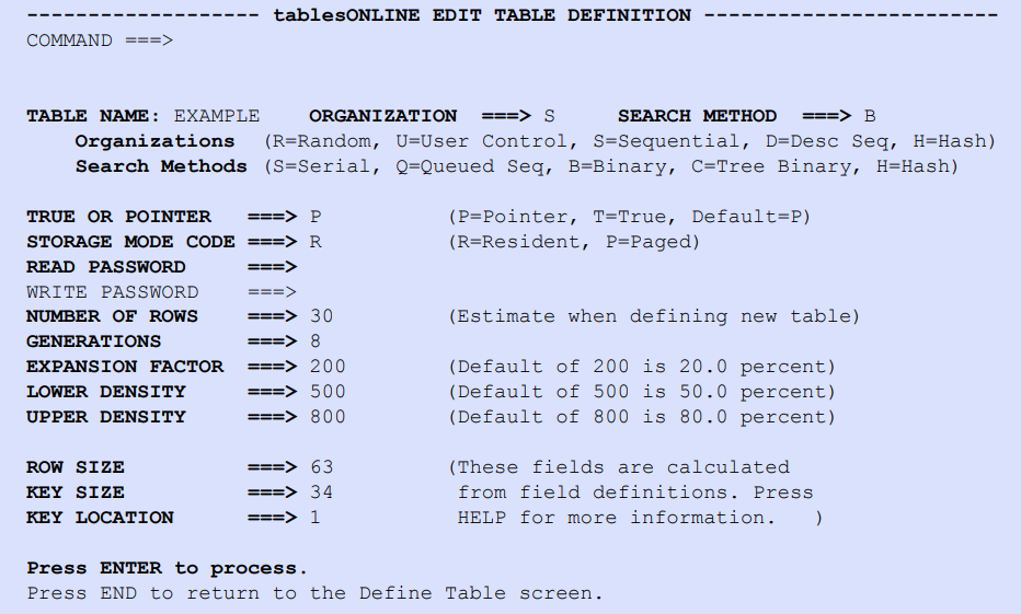 tablesONLINE EDIT TABLE DEFINITION Screen