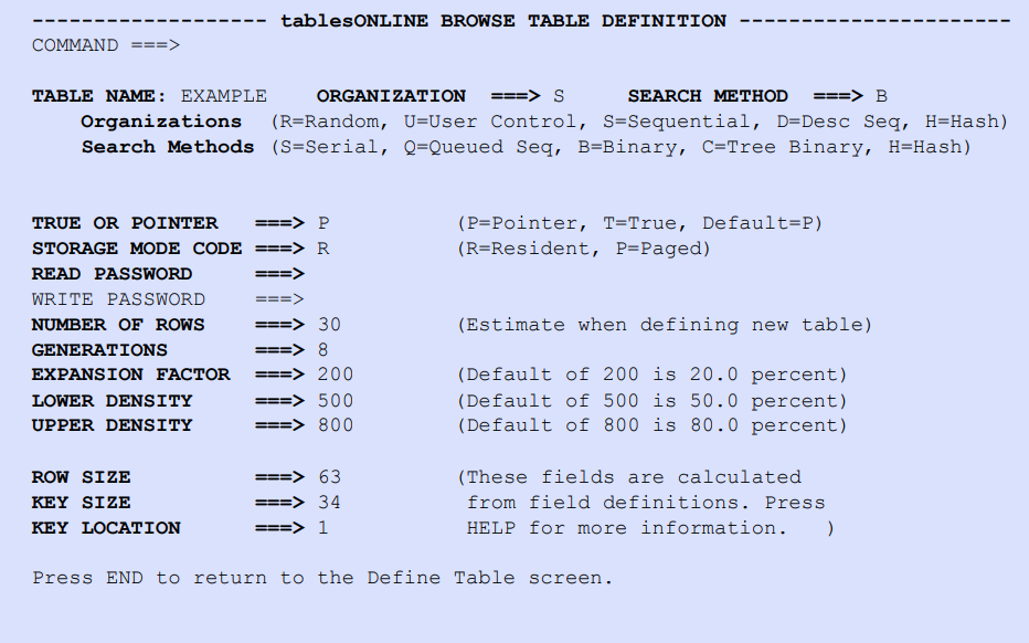 tablesONLINE BROWSE TABLE DEFINITION Screen
