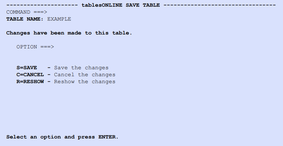tablesONLINE SAVE TABLE Screen