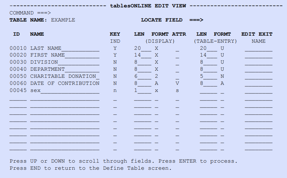 tablesONLINE EDIT VIEW Screen