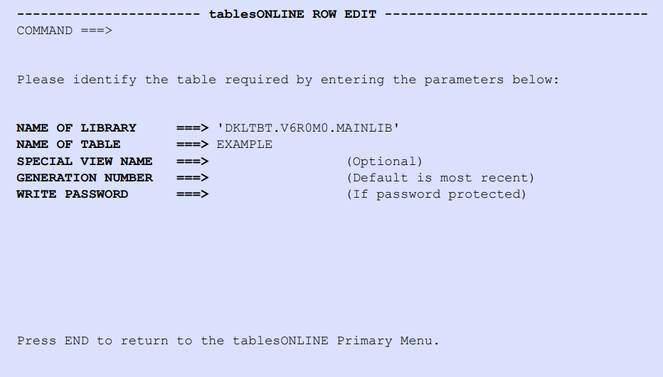 tablesONLINE ROW EDIT Screen