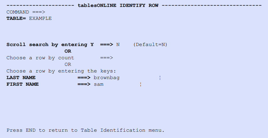 tablesONLINE IDENTIFY ROW Screen