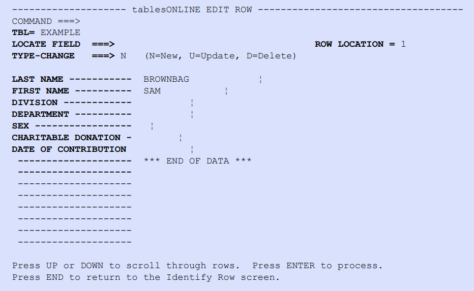 tablesONLINE EDIT ROW Screen