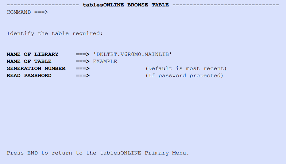 tablesONLINE BROWSE TABLE Screen