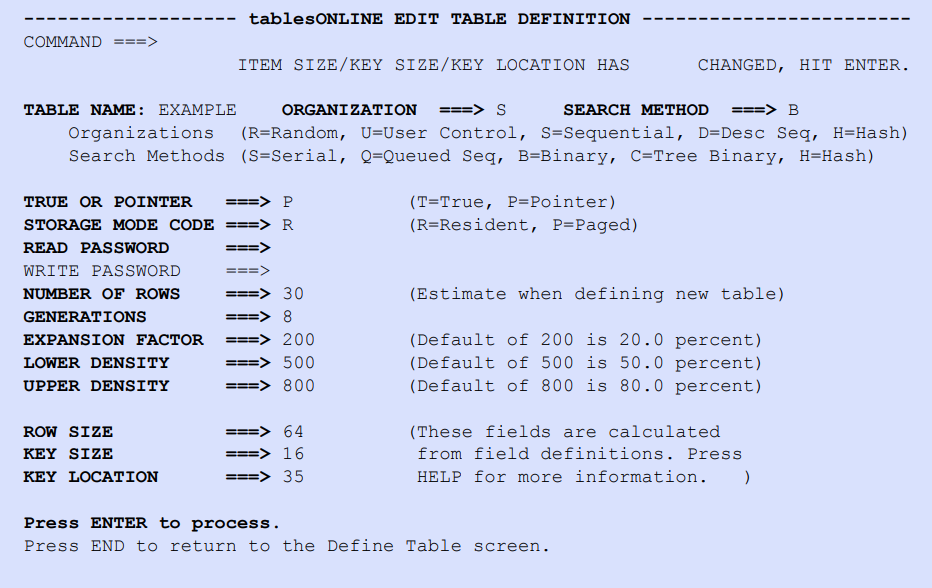 tablesONLINE EDIT TABLE DEFINITION Screen