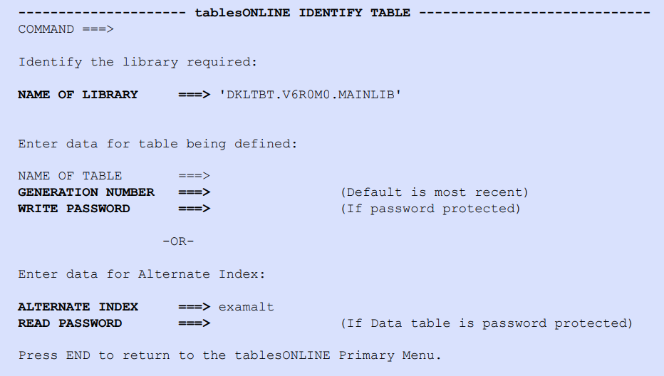 tablesONLINE IDENTIFY TABLE Screen