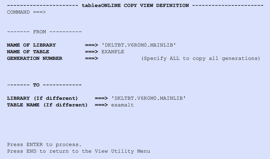 tablesONLINE COPY VIEW DEFINITION Screen