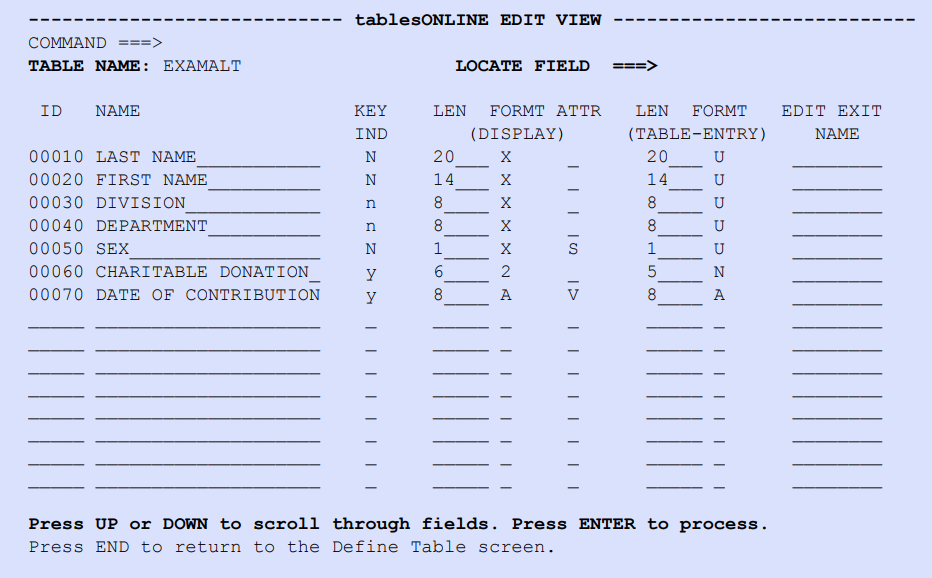 tablesONLINE EDIT VIEW Screen