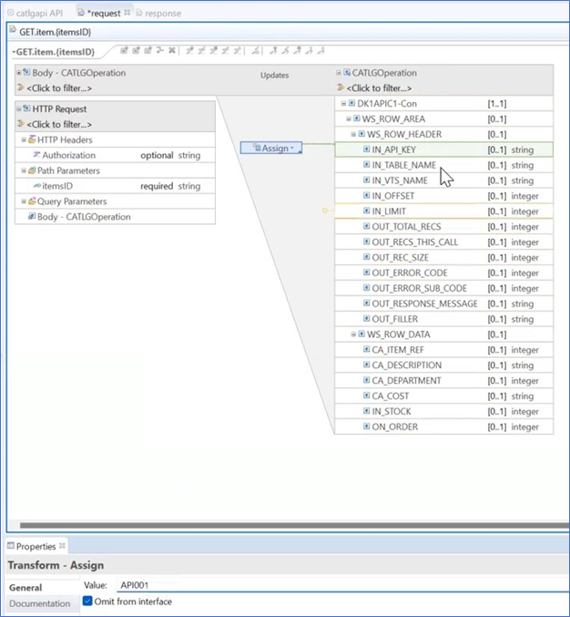 The copybook displays with IN_API_KEY marked as assigned. API001 displays in the Properties panel.