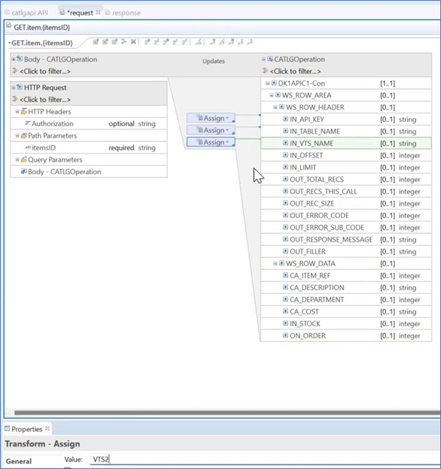 The copybook displays with IN_VTS_NAME marked as assigned. VTS2 is the value in the Properties panel.